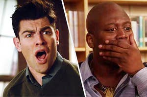 Schmidt from New Girl and Titus from Kimmy Schmidt being shocked