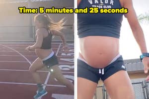 Pregnant woman running, captioned "Time: 5 minutes and 25 seconds"