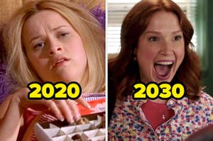 2020 with an exhausted Elle Woods from "Legally Blonde" next to 2030 with an excited Kimmy Schmidt