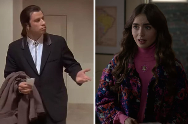 Meme of John Travolta looking confused and Emily Cooper standing in her office.