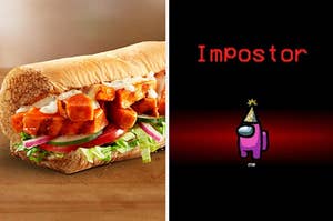 A subway sandwich next to an image of an impostor from among us 