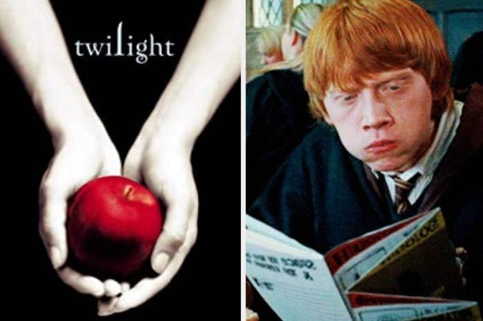 &quot;Twilight&quot; book cover and Ron Weasley in &quot;Harry Potter&quot; eating and reading 