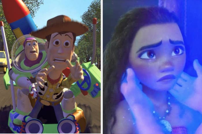 Woody and Buzz Lightyear in "Toy Story" and Moana crying in "Moana"