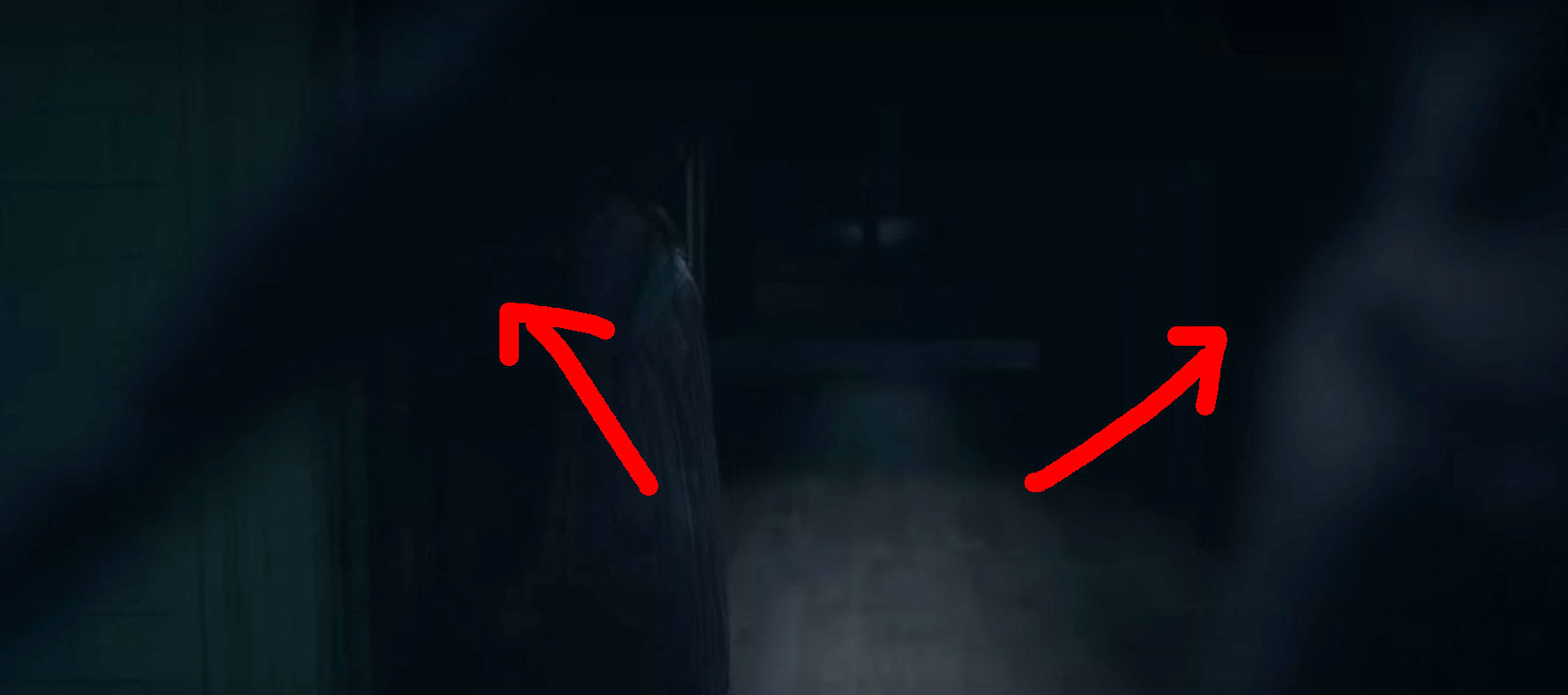 Dani&#x27;s body visible in the background through an out of focus shot of the plague doctor&#x27;s mask