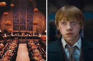 An image of the great hall decorated with pumpkins for halloween next to an image of Ron