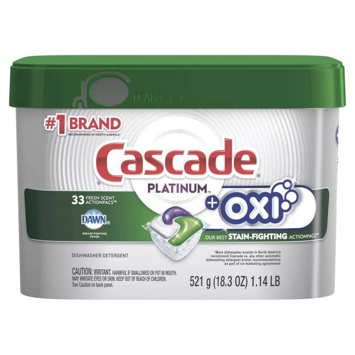 A container of 33 Cascade Platinum Fresh Scent Stain-Fighting Actionpacs with Oxi