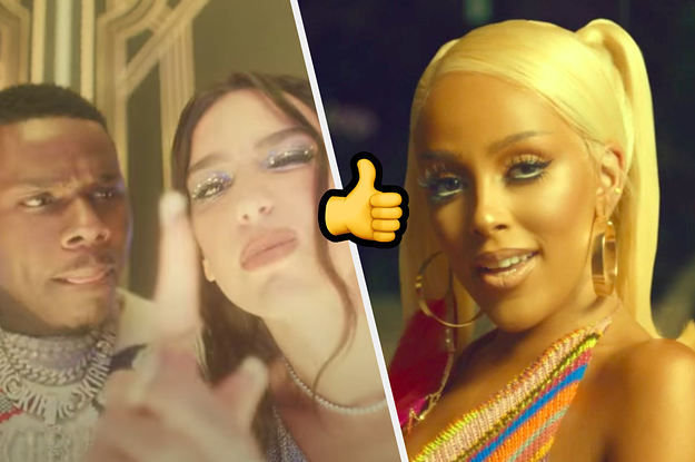 DaBaby is standing next to Dua Lipa with a thumbs up emoji in the center and Doja Cat on the right