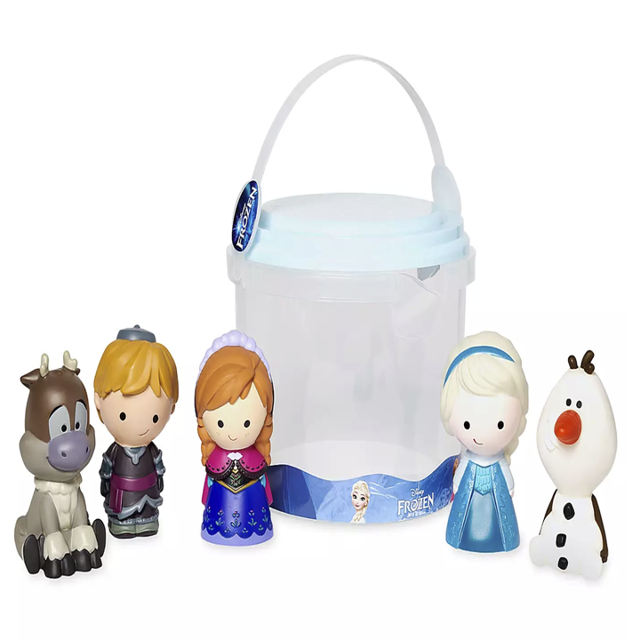five figurines that are characters from the Frozen movie (yes, including Olaf) plus a bucket to put them all in