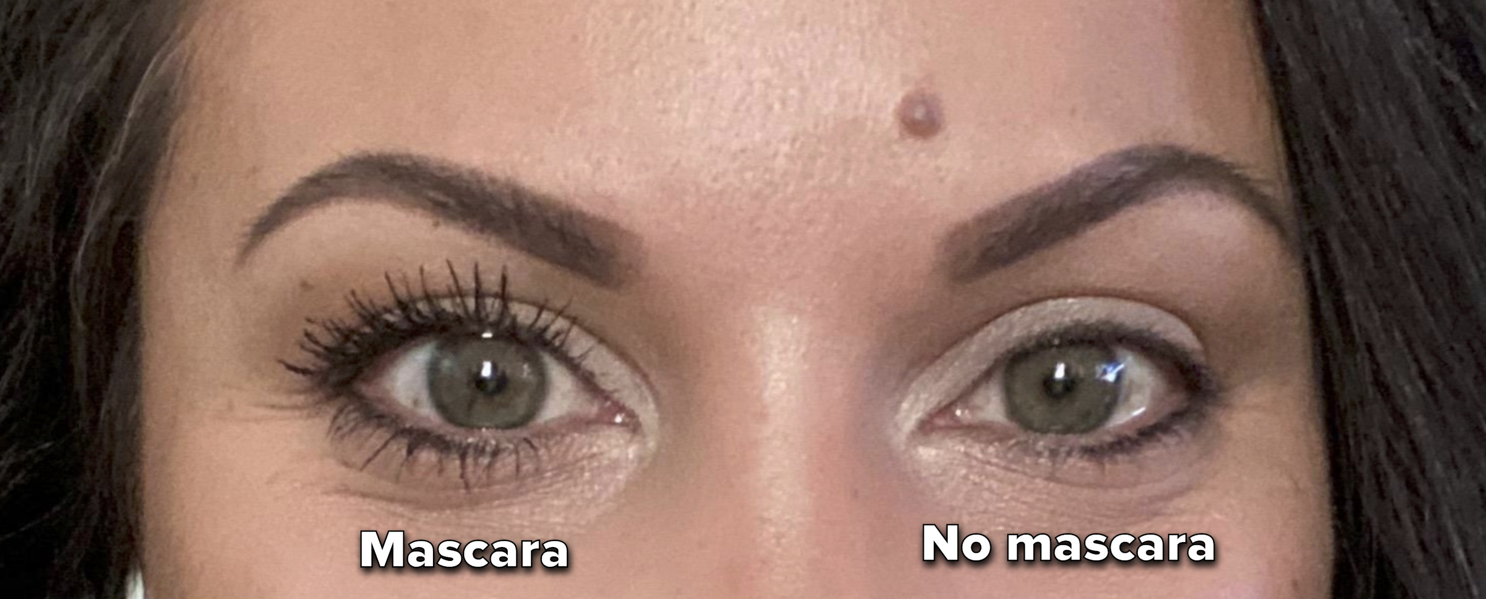 a reviewer with their left eye showing her eyelashes with the mascara which look long and full and fanned out, The lashes on their right eye which don&#x27;t have the mascara are nearly invisible