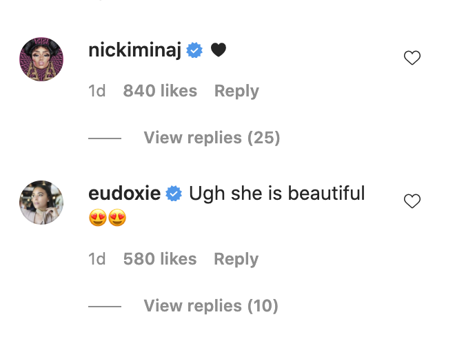 Nicki Minaj commenting with a heart emoji, and Eudoxie Bridges commenting, &quot;Ugh she beautiful&quot; with two emojis with hearts for eyes