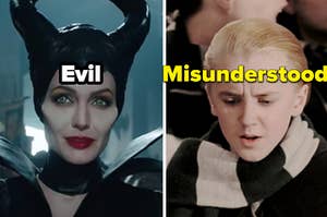 Maleficent is on the left labeled, "Evil" with Draco on the right labeled, "Misunderstood"