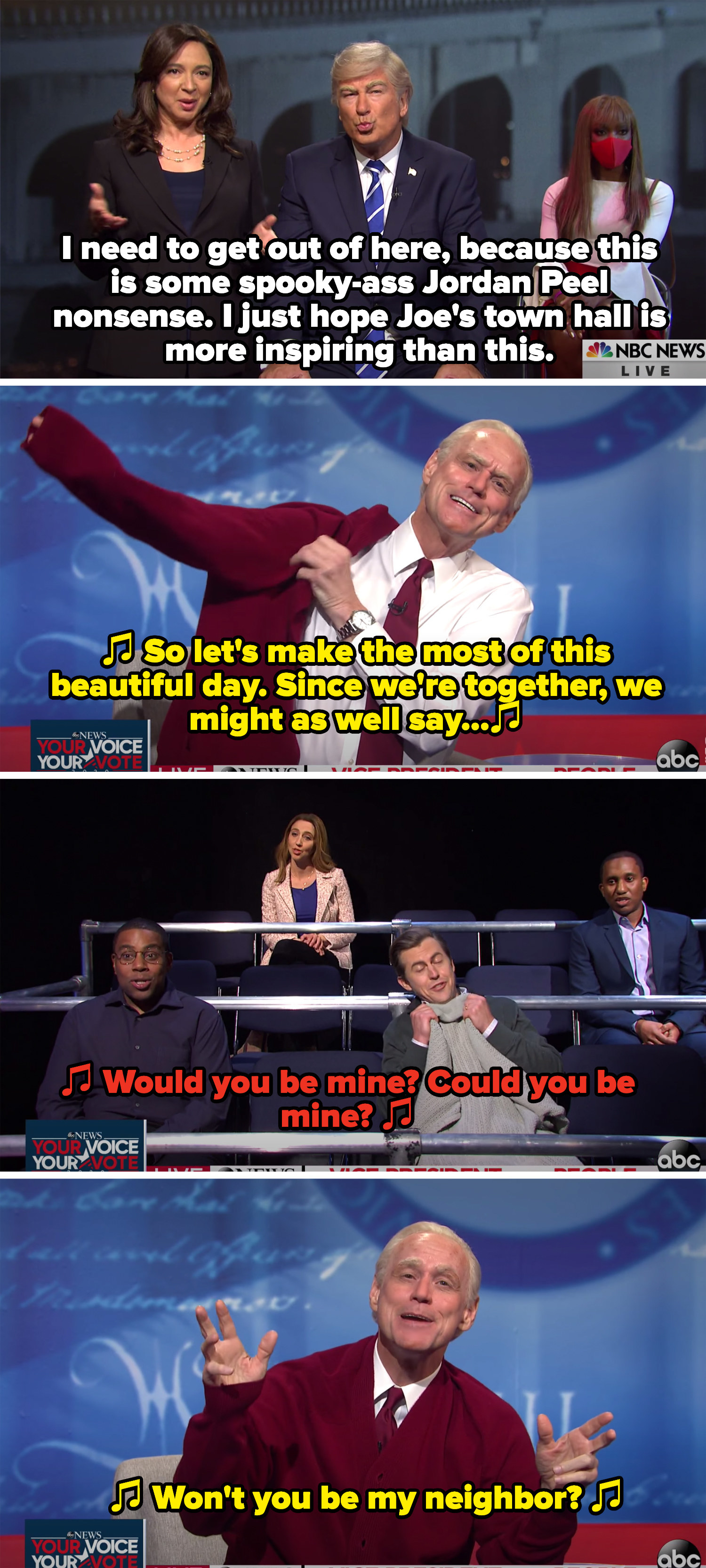 Joe dressed as Mister Rogers and the audience singing the theme song