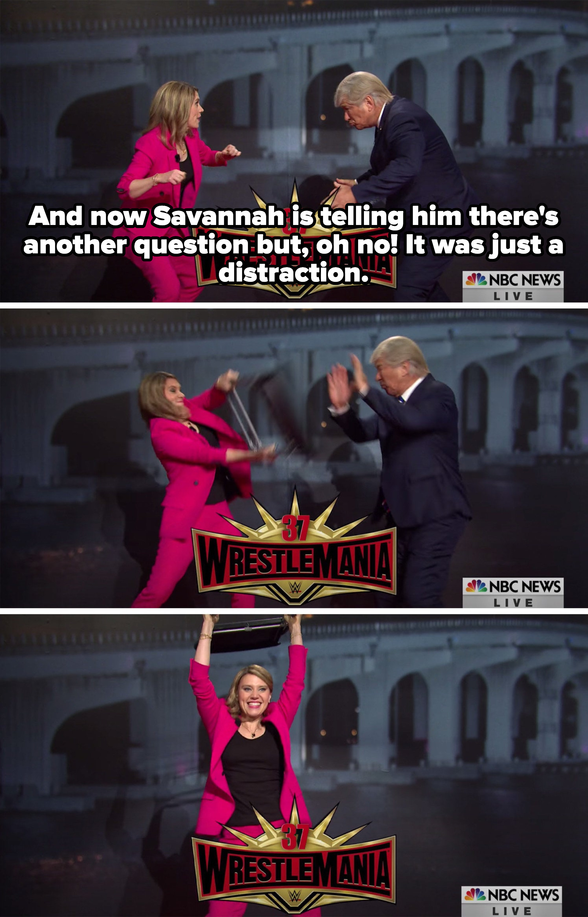 Savannah and Trump wrestling; Trump getting hit over the head with a chair