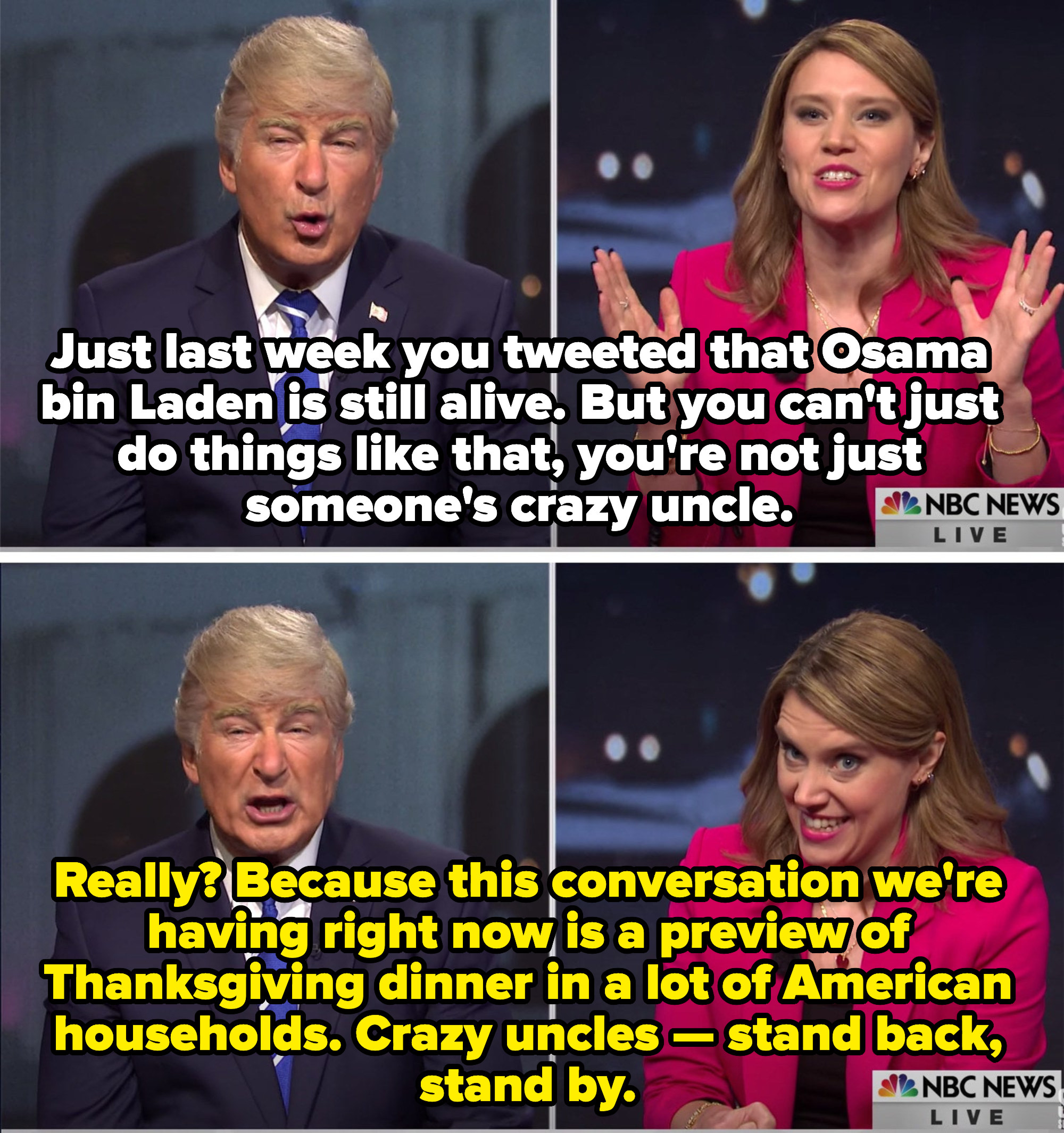 Savannah calling Trump a crazy uncle. Trump saying the conversation is like family at Thanksgiving, and telling crazy uncles to stand back and stand by.