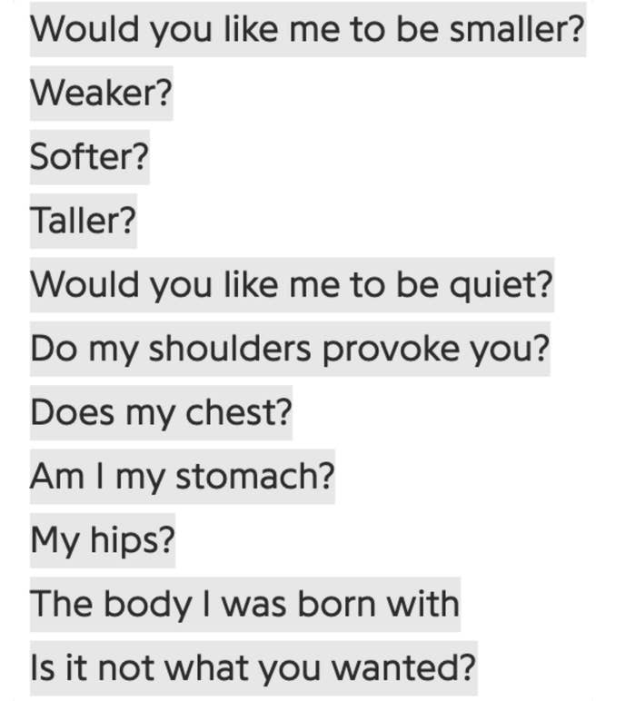 Billie asking body-obsessed trolls &quot;Would you like me to be smaller? Weaker? Softer? Taller? Do my shoulders provoke you?&quot;