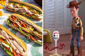 Three Subway sandwiches are on the left with Woody and Forky standing together on the right