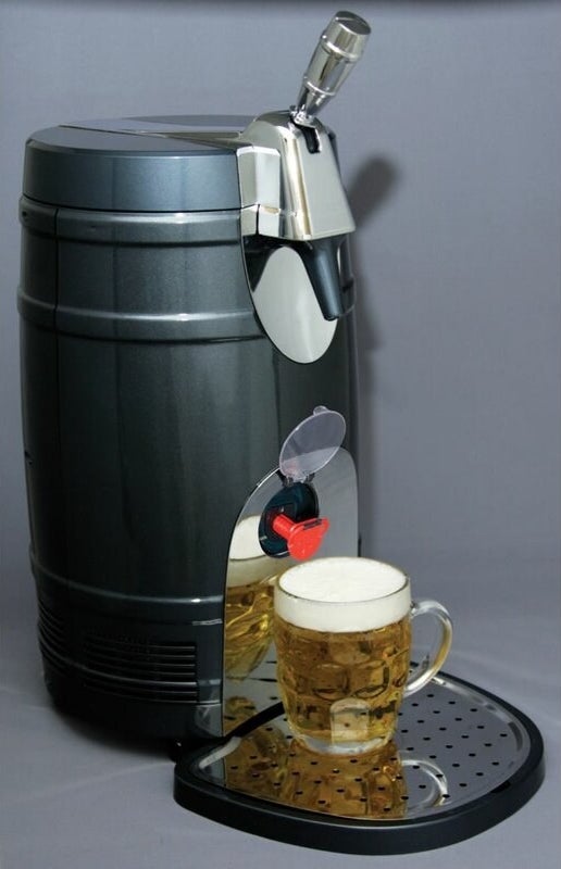 Silver and gray single tap keg with red miniature spout