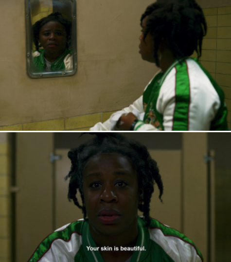 &quot;Crazy Eyes&quot; looking at her reflection in the mirror and telling herself her skin is beautiful