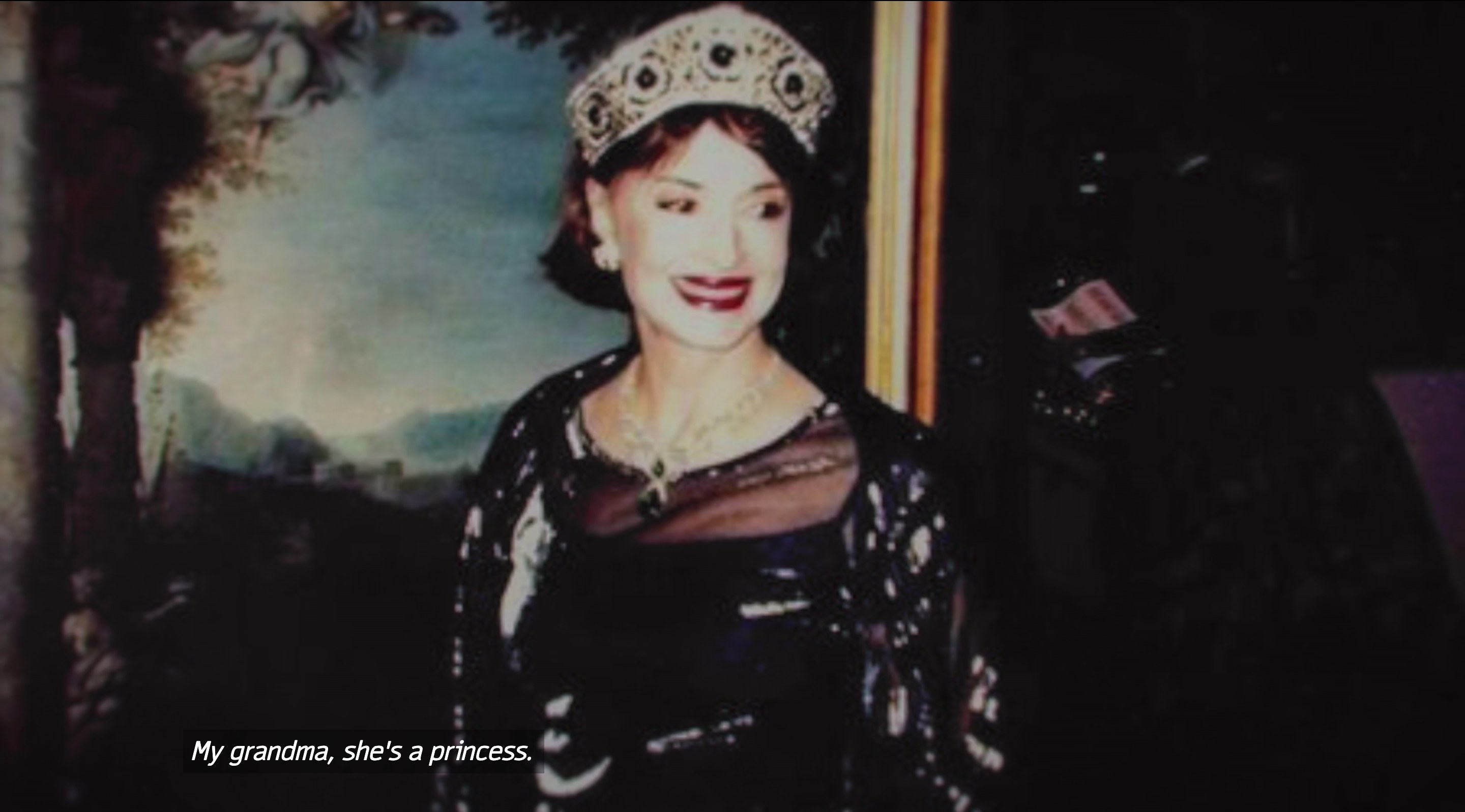 A woman in a tiara with the subtitle text &quot;My grandma, she&#x27;s a princess&quot;