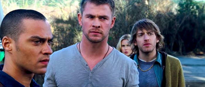 Jesse Williams, Chris Hemsworth, Anna Hutchison, and Fran Kranz looking suspicious in The Cabin in the Woods