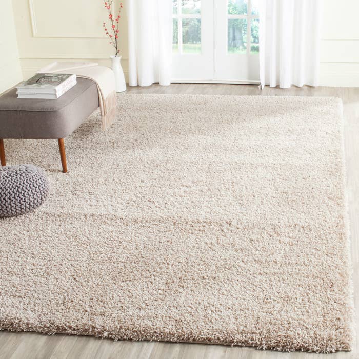 The shag rug displayed in a light brown in a living room