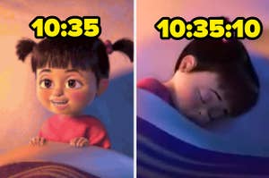 Boo from Monsters Inc awake with 10:35 written over / Boo from Monsters Inc asleep with 10:35:10 written over