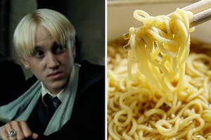 Draco Malfoy on the left and a bowl of ramen noodles on the right with a pair of chopsticks