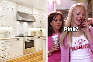 A kitcen and Regina George wearing pink