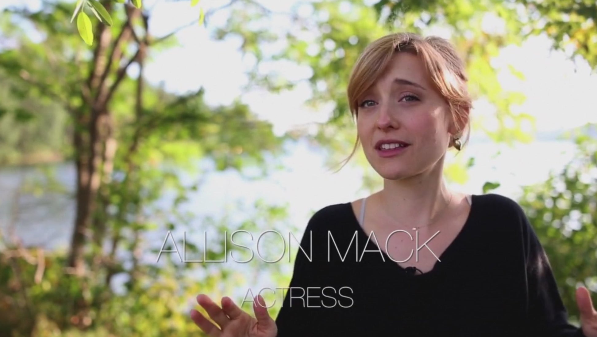 A woman giving a testimonial, with the text "Alison Mack, actress"