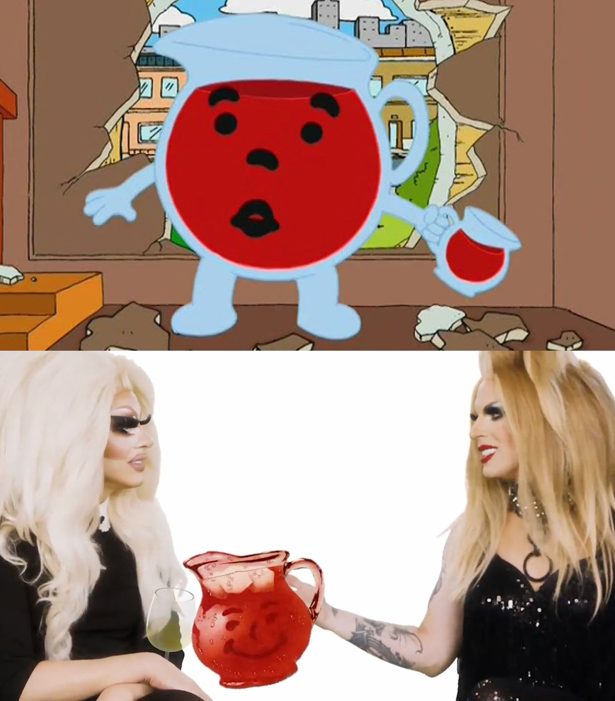 A split image showing the kool aid mascot bursting through a building in family guy and the mascot again in webseries unhhhh he is a big red pitcher with a smiley face