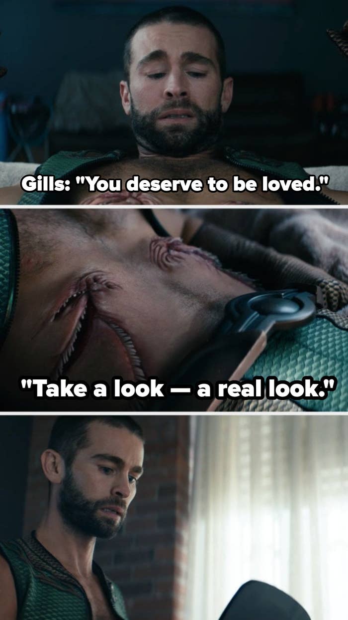The Deep&#x27;s gills telling him he deserves to be loved and telling him to &quot;take a look&quot; at himself in the mirror. The Deep looking emotionally at his gills in a hand mirror.