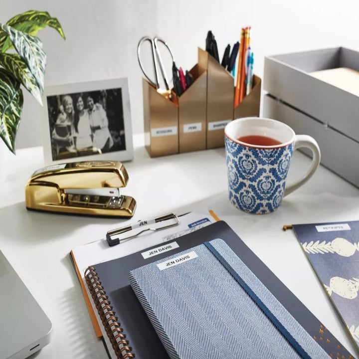 Labels on various office supplies 