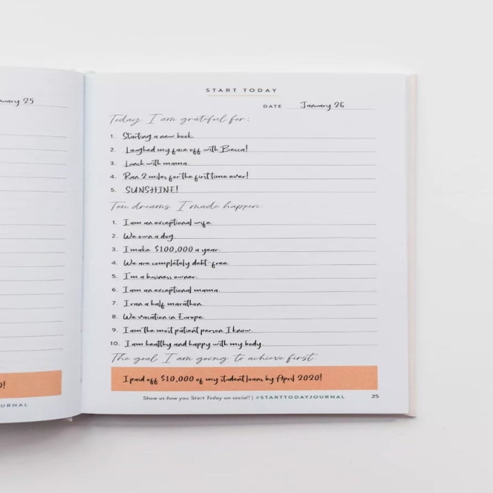 The inside of the start today gratitude journal