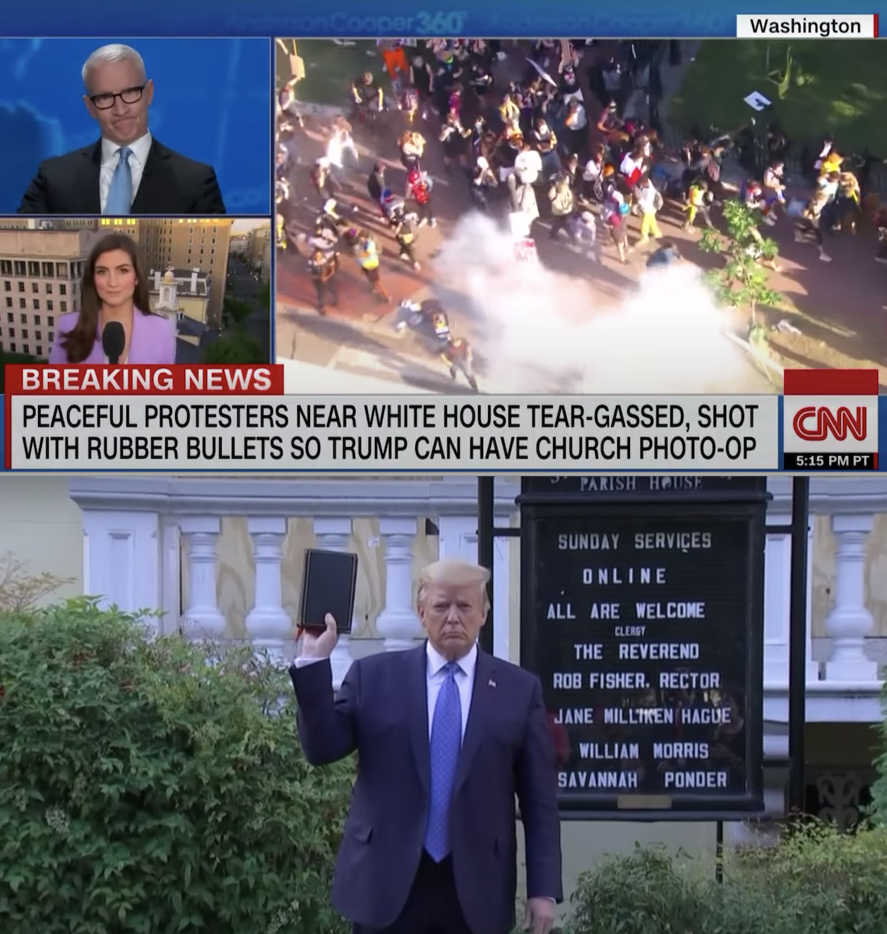 Screenshots from a news report of officers charging at, tear-gassing, and pepper-spraying peaceful protestors moments before Trump holds a Bible upside down in front of a church