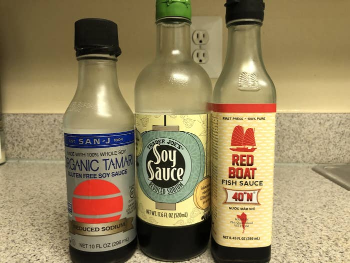 Tamari, soy sauce, and fish sauce bottles