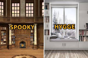 (left) old fashioned wood library with text "spooky;" (right) white bookshelves with cozy bench and text "hygge"