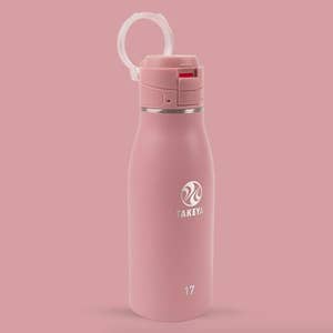 Water bottle in coral with loop attachment on lid