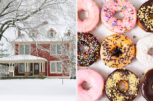 On the left, a farmhouse in the winter covered in snow, and on the right, various donuts with sprinkles