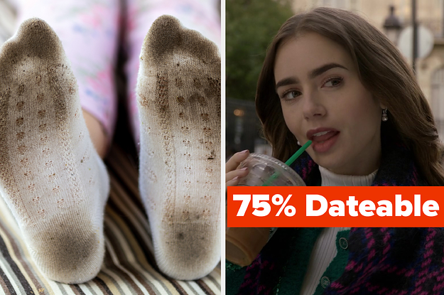 A girl wearing a pair of dirty socks on the left, and Emily in Paris on the right with