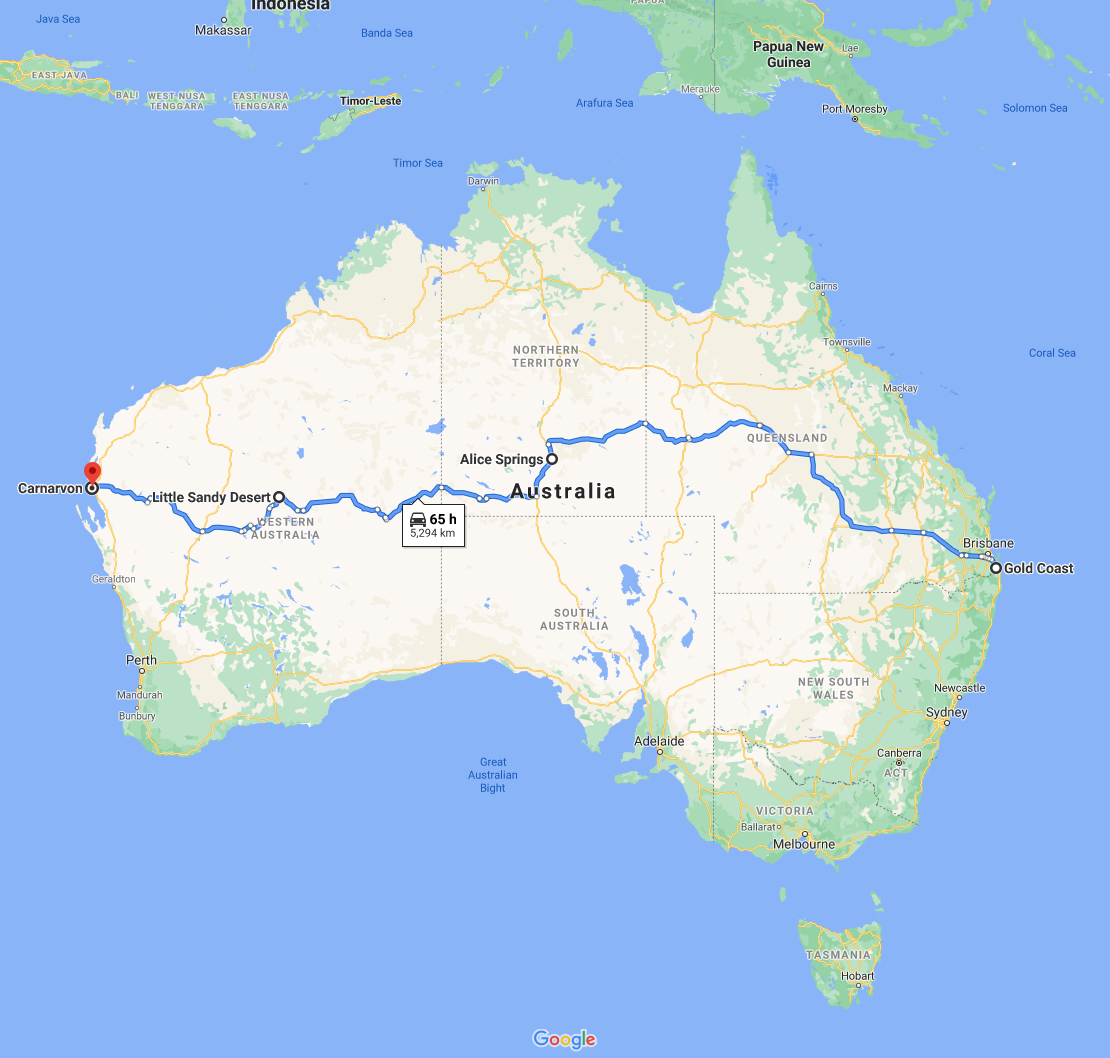 A map of Australia showing how that it would take 65 hours to travel from one end to the other