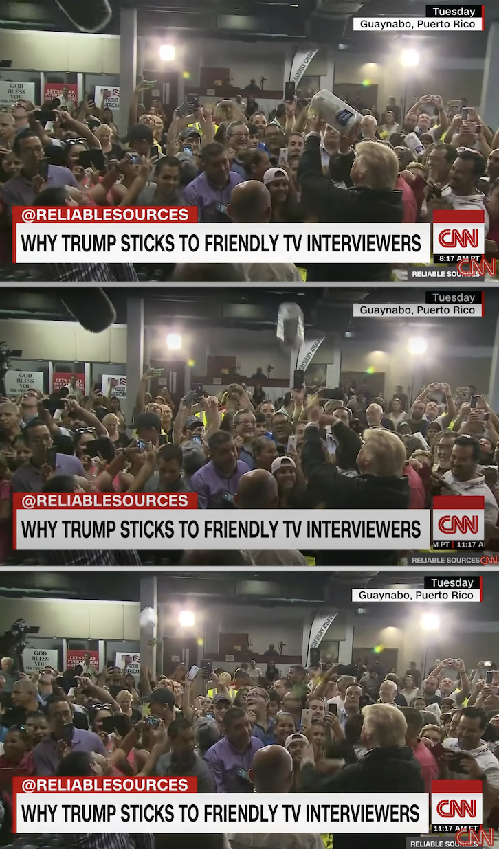 Trump throwing paper towels into a crowd people in Guaynabo, Puerto Rico, who were affected by the hurricaine