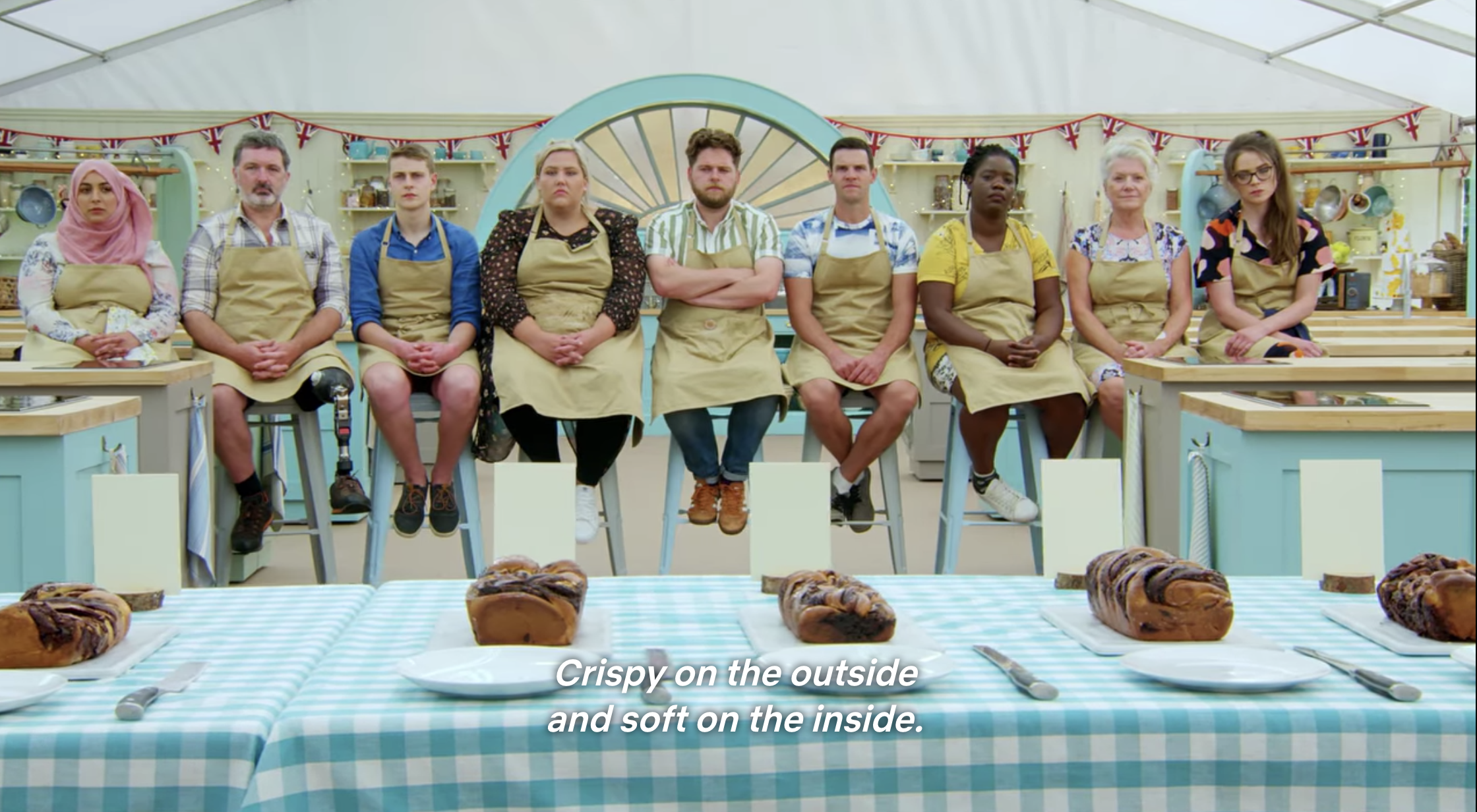 The technical challenge babkas all lined up with the narration &quot;crispy on the outside and soft on the inside.&quot; 