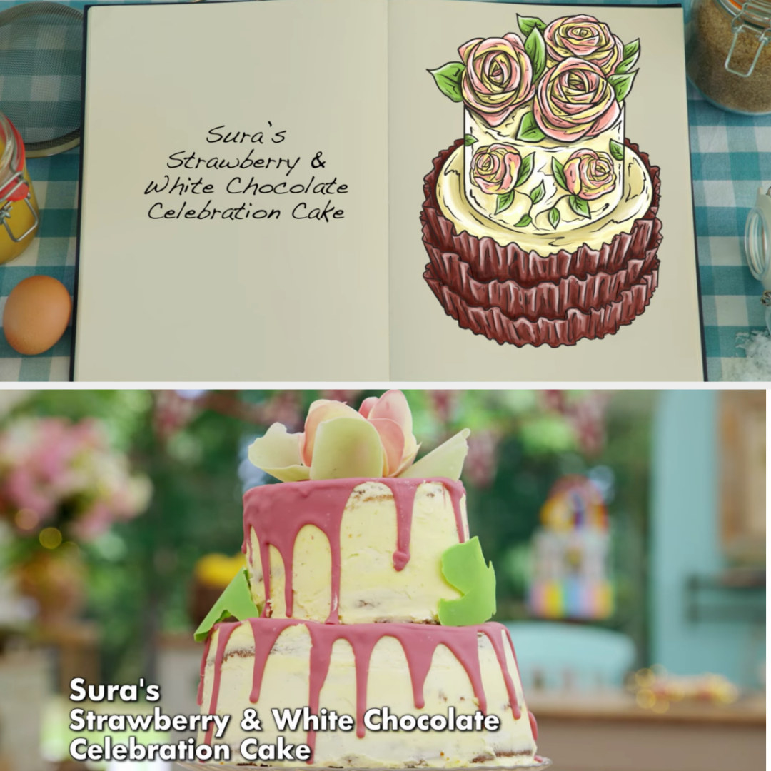 Sura&#x27;s cake side-by-side with its drawing