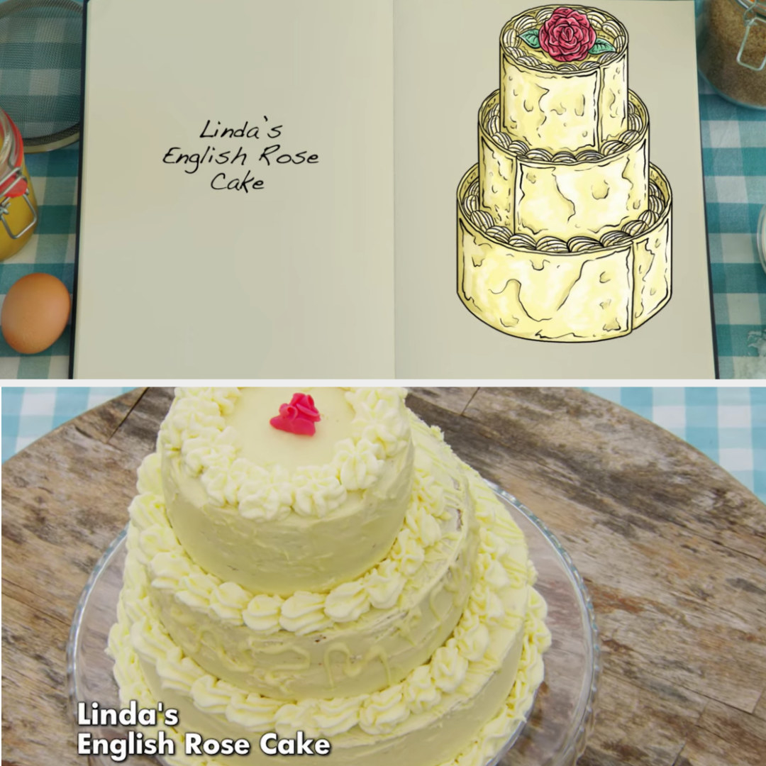 Linda&#x27;s cake side-by-side with its drawing