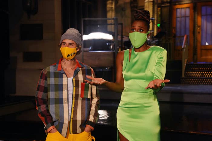 Musical guest Justin Bieber and host Issa Rae during Promos in studio 8H on Thursday, October 15, 2020.