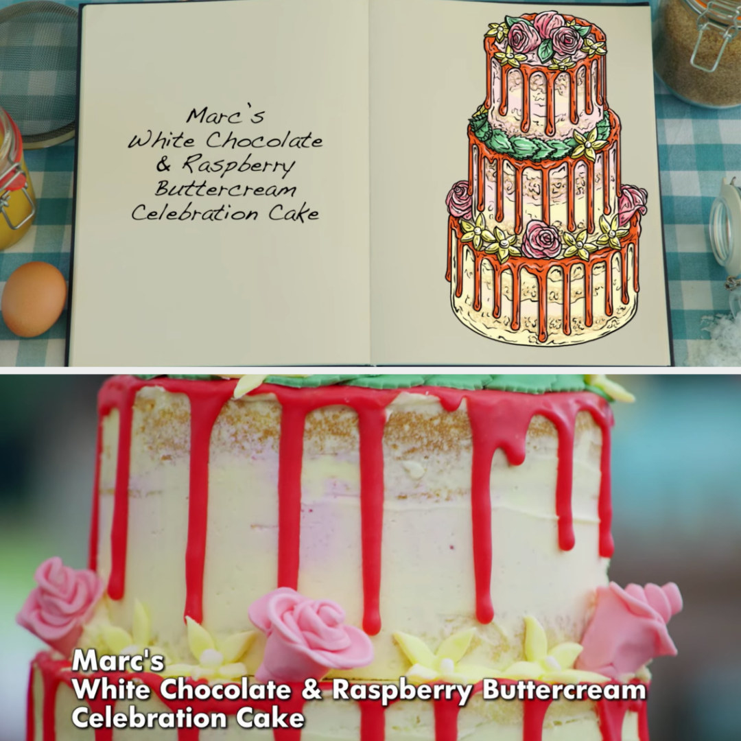 Marc&#x27;s cake side-by-side with its drawing