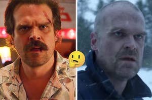 Hopper in Stranger Things Season 3 and Hopper with his head shaved in Russia