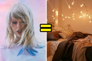 Taylor Swift's lover album on the left and a cozy bed with string lights hanging above it on the right