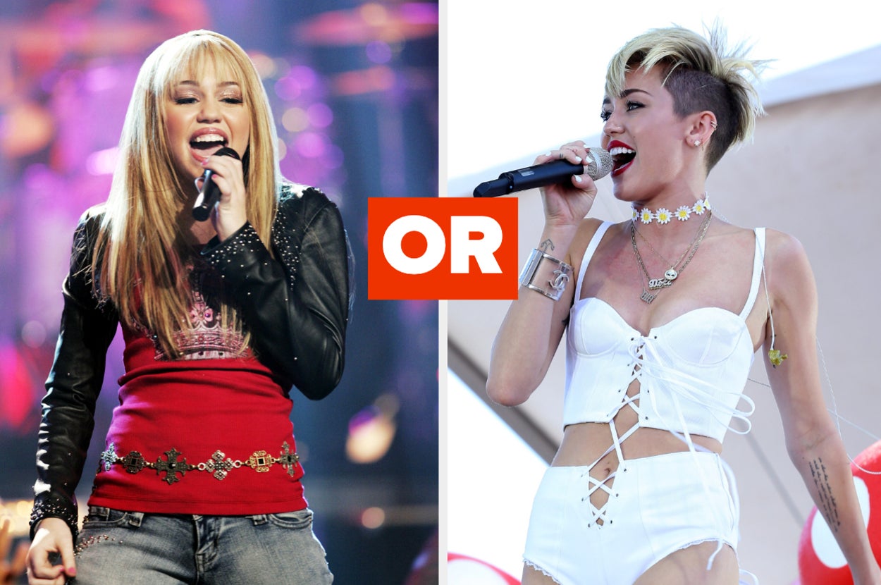 Hannah Montana singing next to Miley Cyrus singing