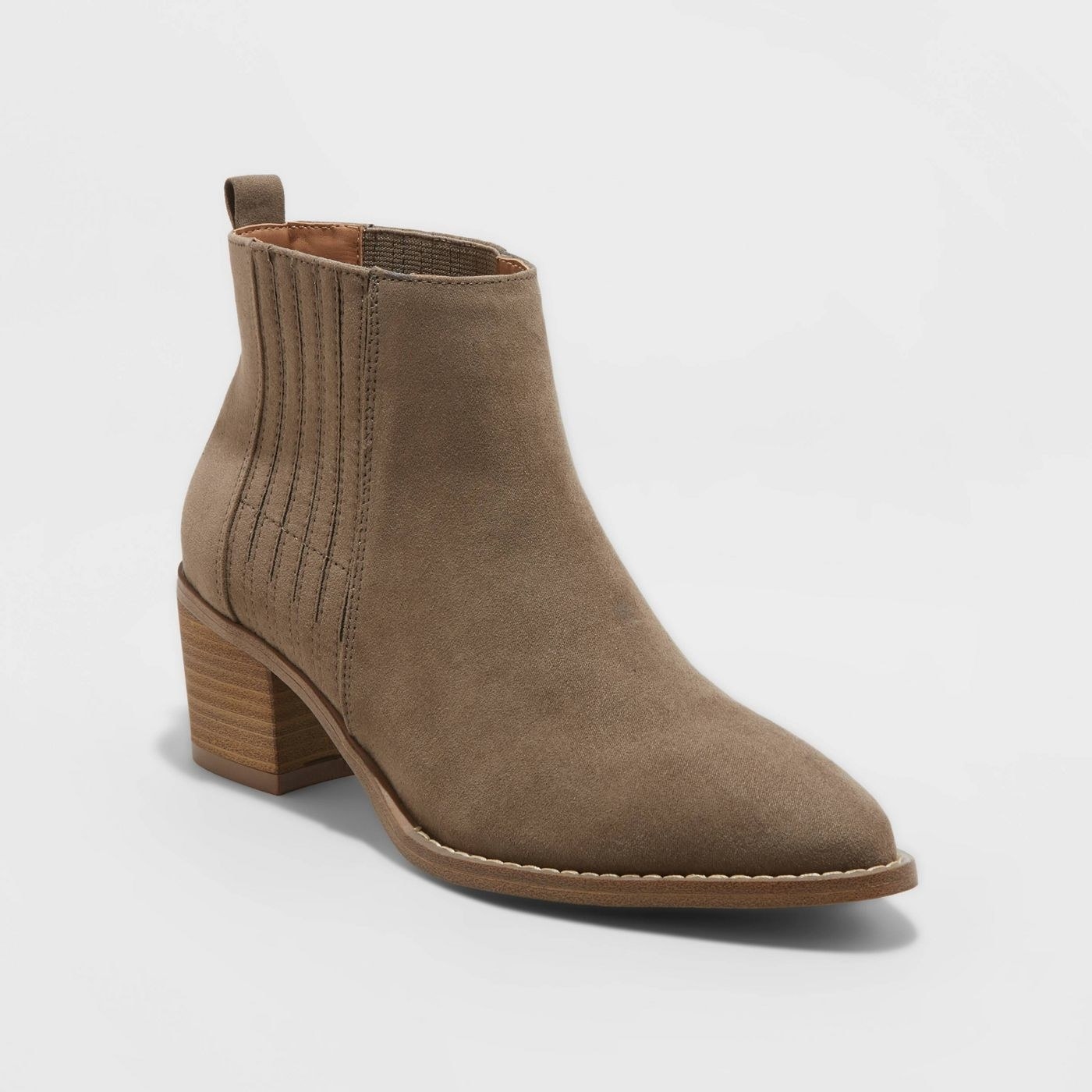 Tan pointed toe block heeled booties